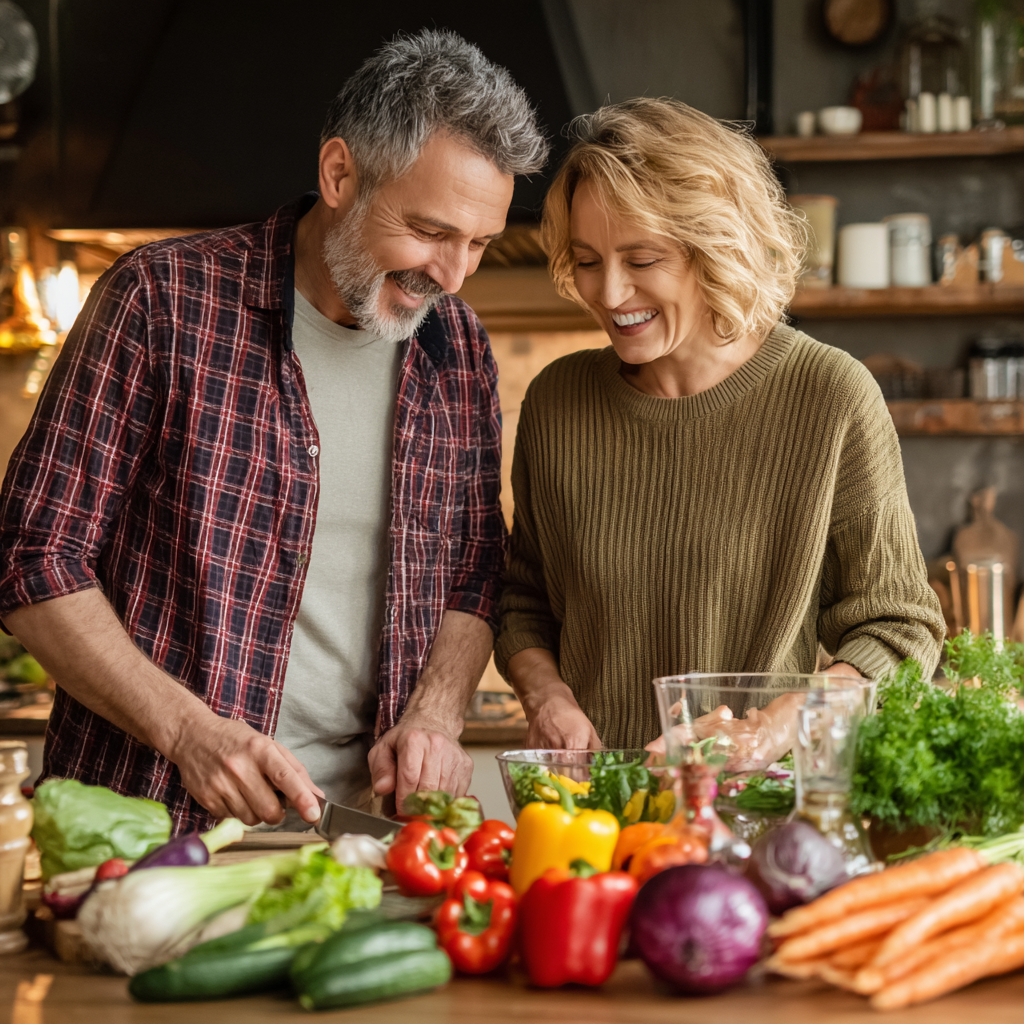 Happy Ukrainian family of different ages gathered around a dinner table with healthy traditional foods, representing balanced nutrition across generations